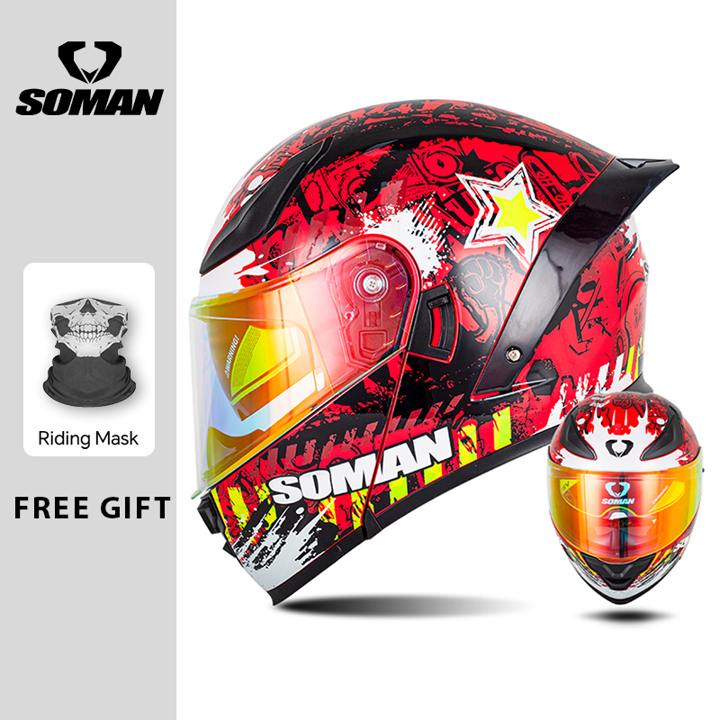 Dual Visor Motorcycle Racing Helmet - SOMAN وحدات خوذة الوجه كامل الوجه